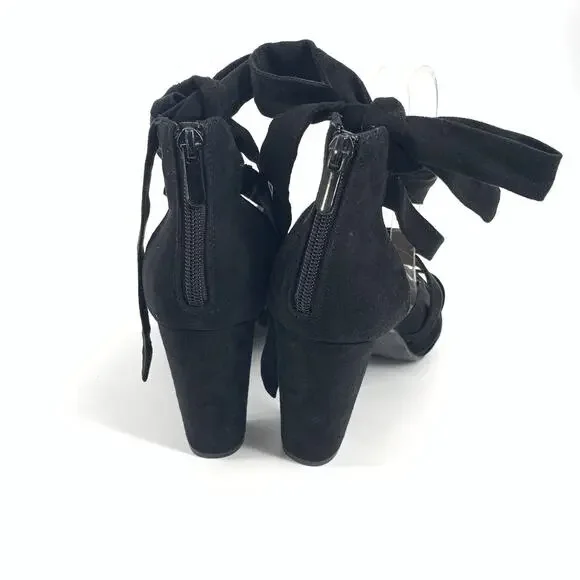 Torrid Ankle Wrap Faux Suede Block High Heels 9.5 W Wide Womens Black Open Toe - Picture 3 of 8